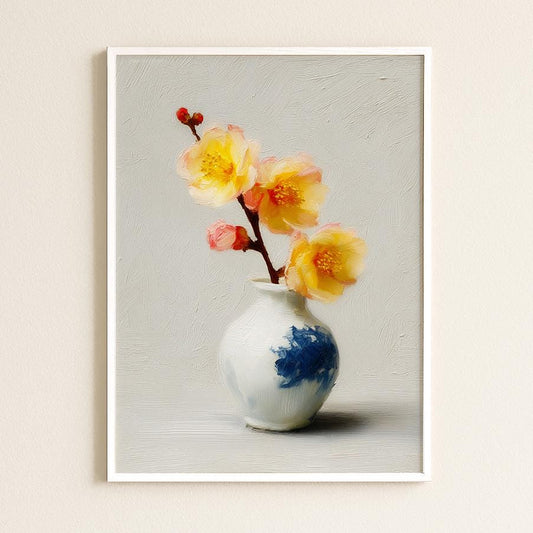 Vintage-Inspired Yellow & Pink Floral Still Life Art Print: Antique Vase Botanical Wall Decor