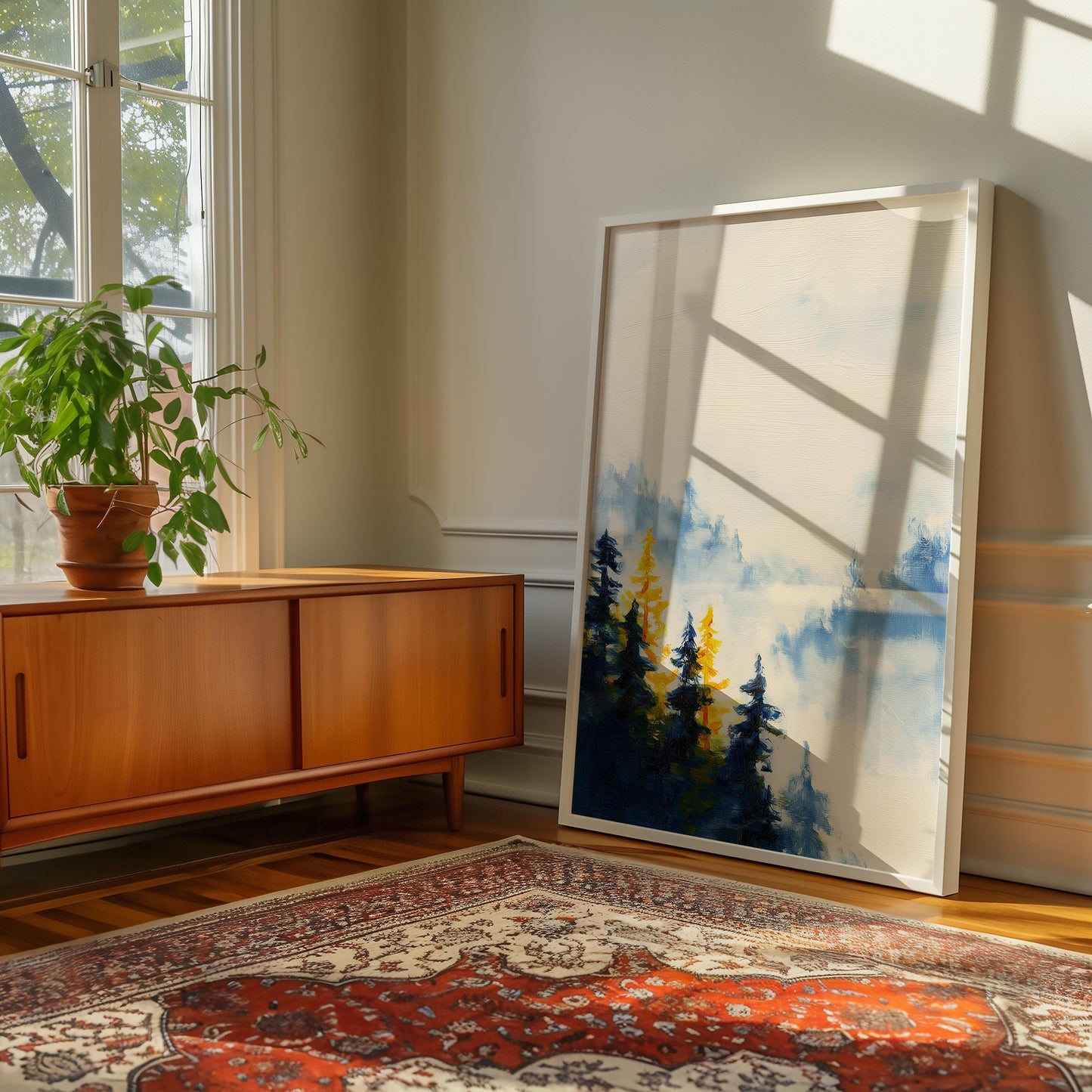 Ethereal Misty Forest Landscape Print: Minimalist Nature Wall Art for Serene Home Decor