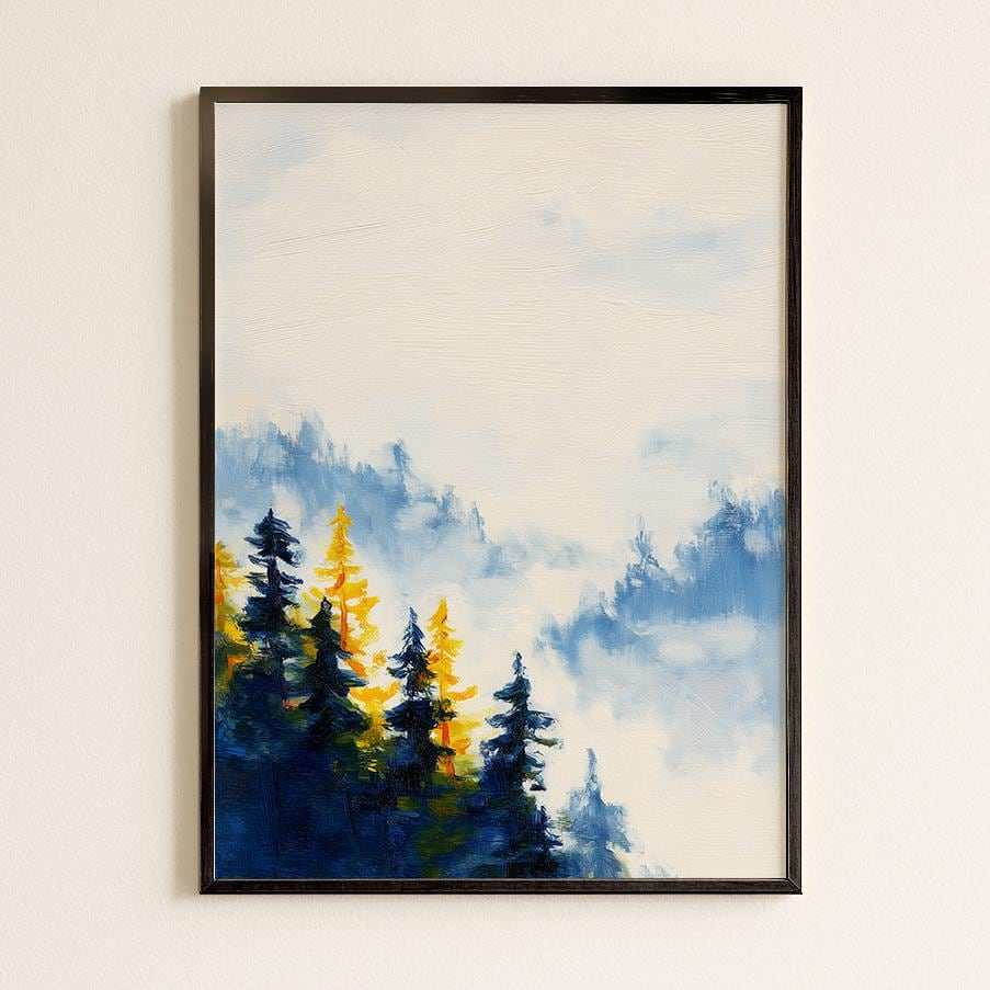 Ethereal Misty Forest Landscape Print: Minimalist Nature Wall Art for Serene Home Decor