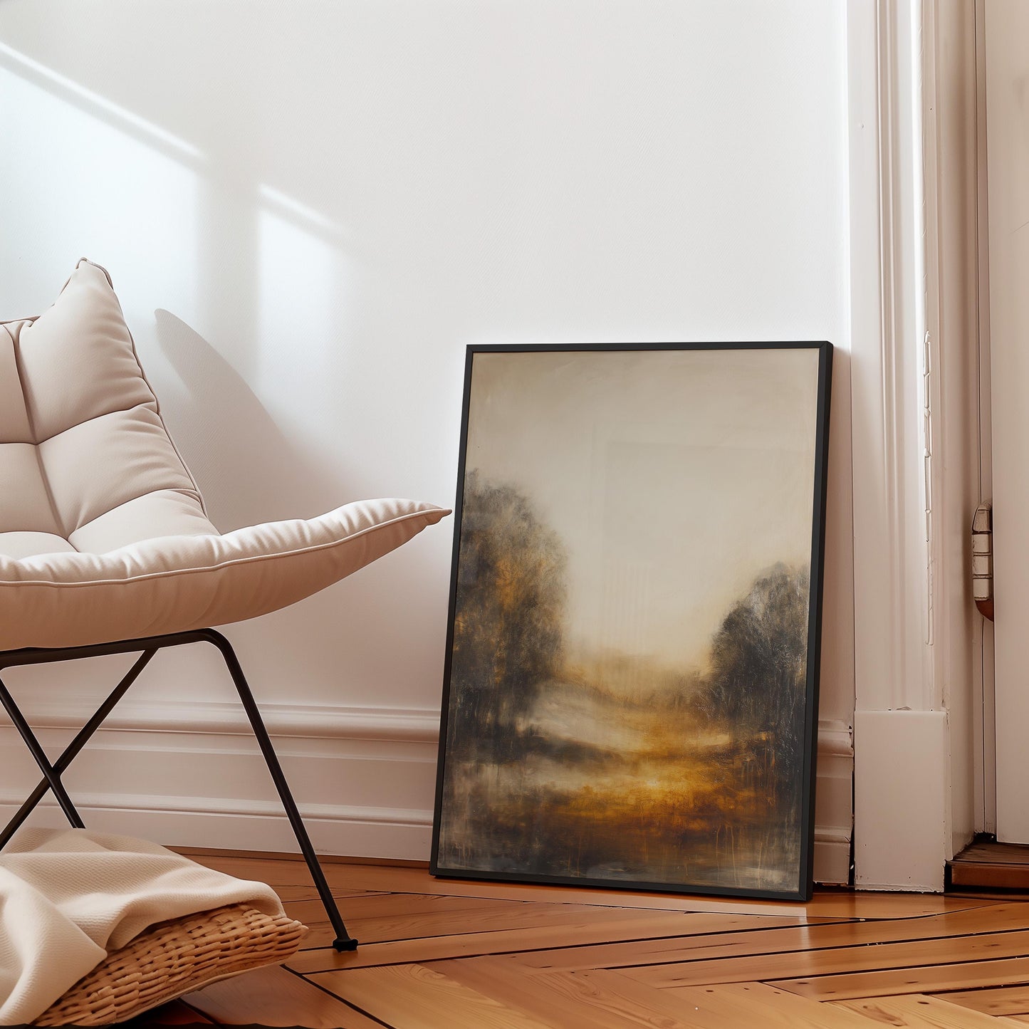 Golden Hour Landscape Print Warm Atmospheric Misty Path Painting Earth Tone Nature Wall Decor Art