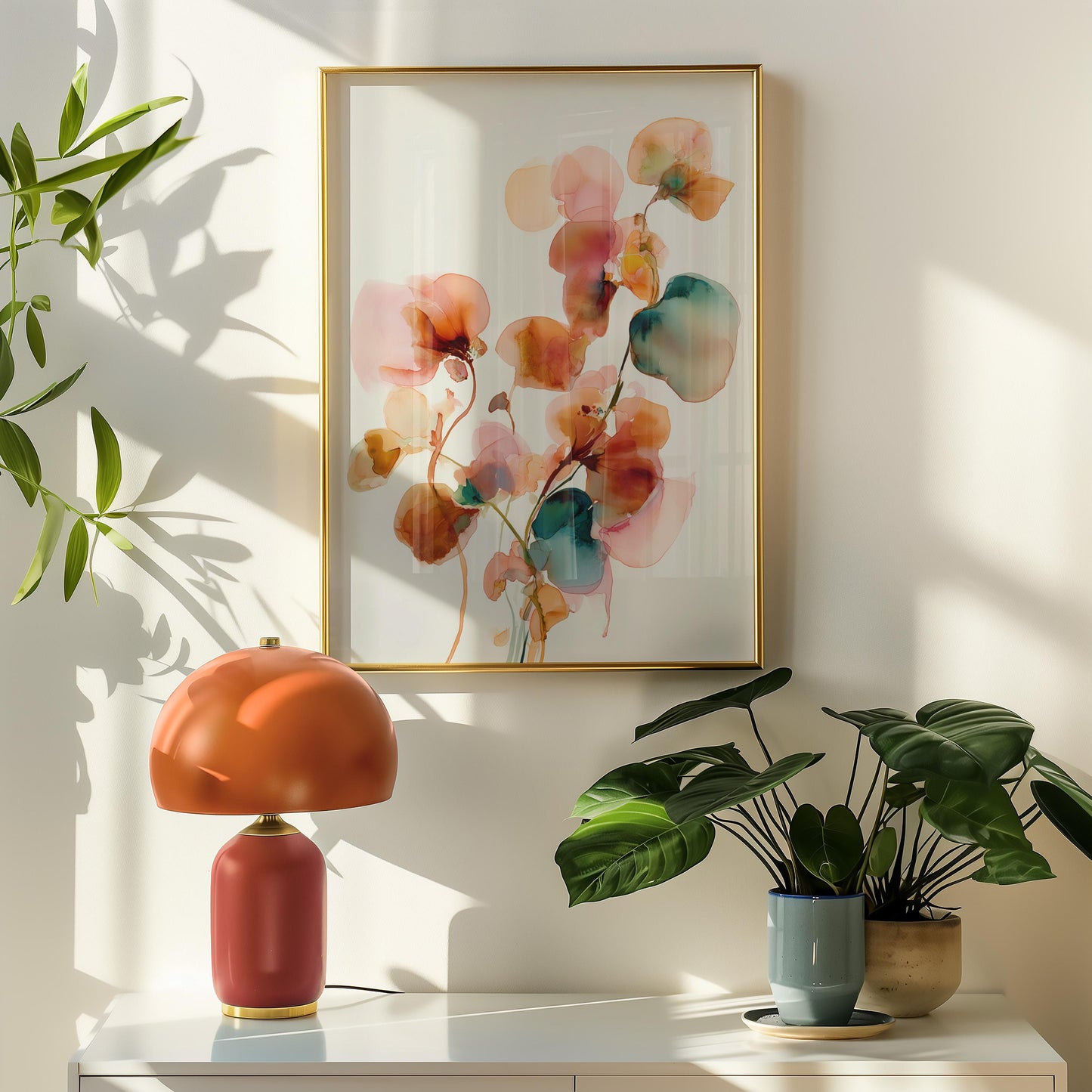 Elegant Japandi Inspired Botanical Watercolour Print: Minimalist Pink & Teal Flower Illustration
