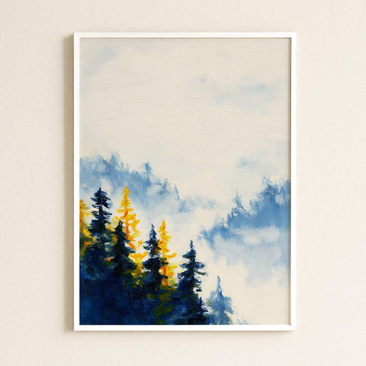 Ethereal Misty Forest Landscape Print: Minimalist Nature Wall Art for Serene Home Decor