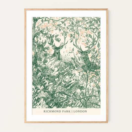 Vintage Botanical Wildlife Art Print: Richmond Park Deer Illustration Wall Decor | London Print