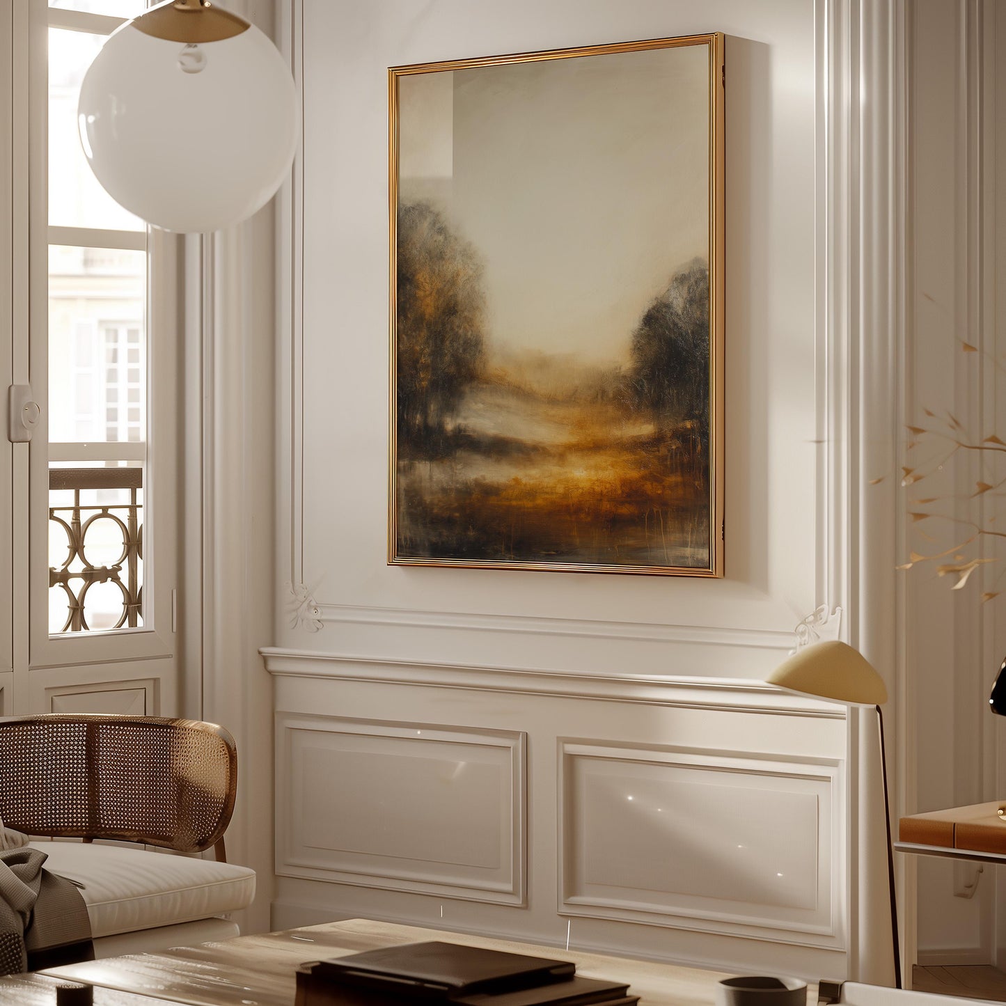 Golden Hour Landscape Print Warm Atmospheric Misty Path Painting Earth Tone Nature Wall Decor Art