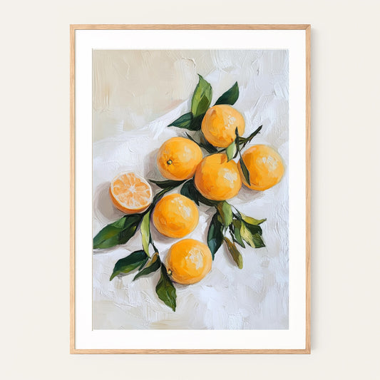 Mediterranean Citrus Branch Still Life: Orange Kitchen Wall Art Print for Modern Rustic Decor