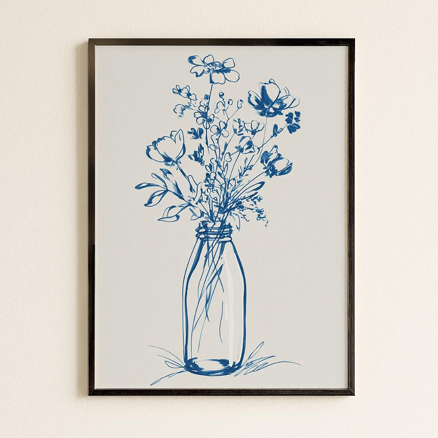Elegant Blue Floral Line Art Print: Minimalist Botanical Wall Decor for Modern Home Aesthetics