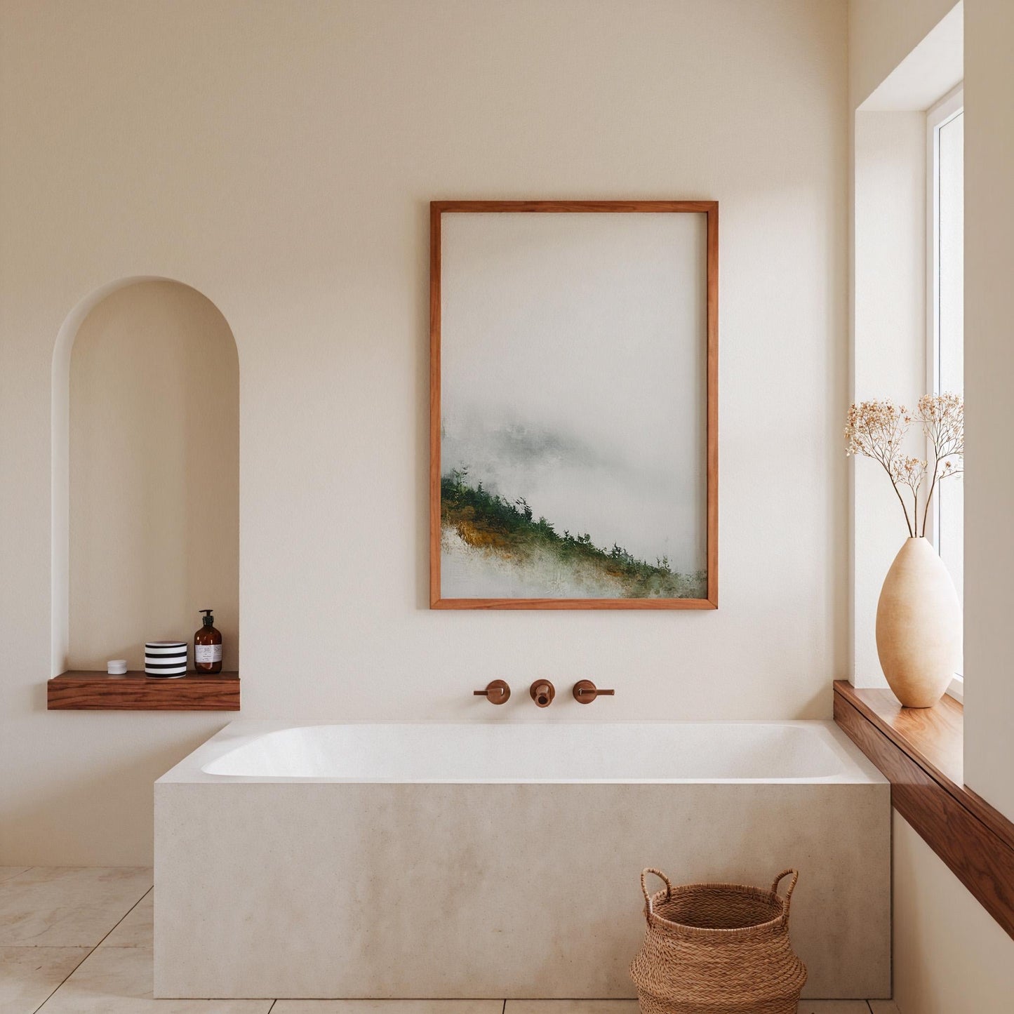 Misty Hillside Print Negative Space Autumn Woodland Atmospheric Nature Art Modern Landscape Wall Decor