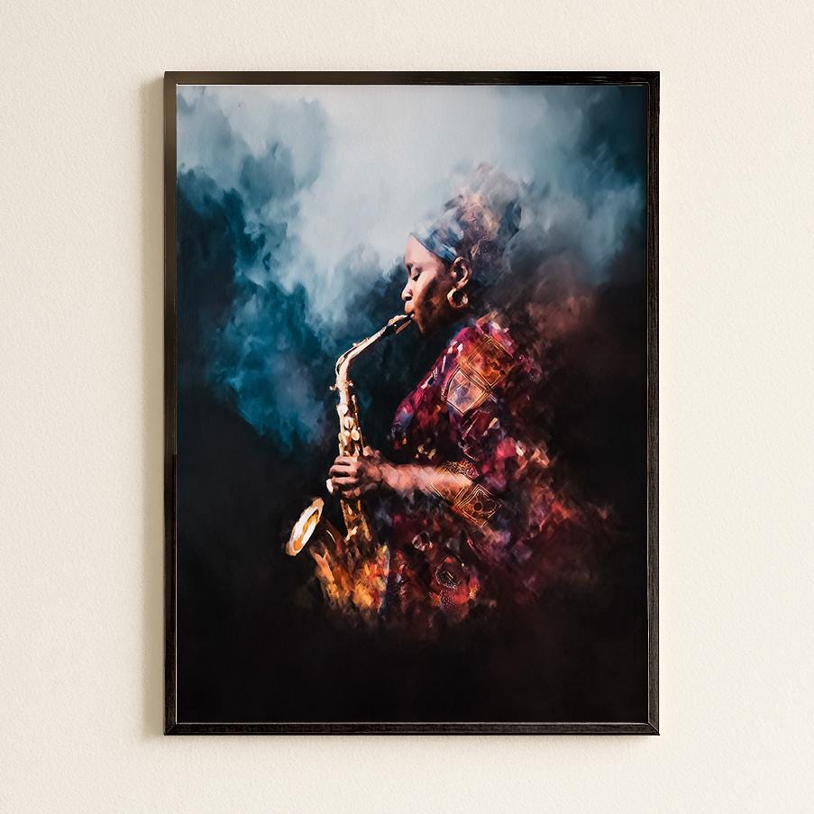 Elegant Female Saxophonist Jazz Illustration - Musical Instrument Wall Art Print for Club Decor