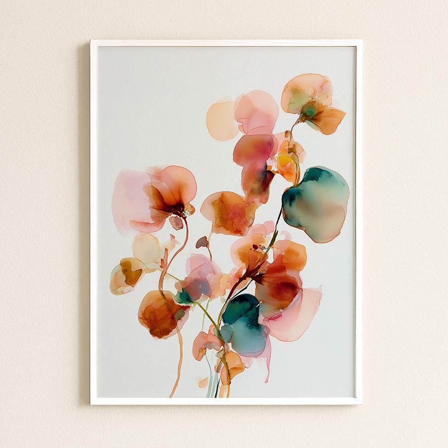 Elegant Japandi Inspired Botanical Watercolour Print: Minimalist Pink & Teal Flower Illustration
