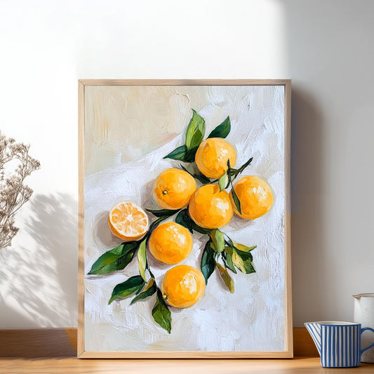 Mediterranean Citrus Branch Still Life: Orange Kitchen Wall Art Print for Modern Rustic Decor