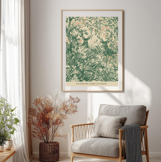 Vintage Botanical Wildlife Art Print: Richmond Park Deer Illustration Wall Decor | London Print