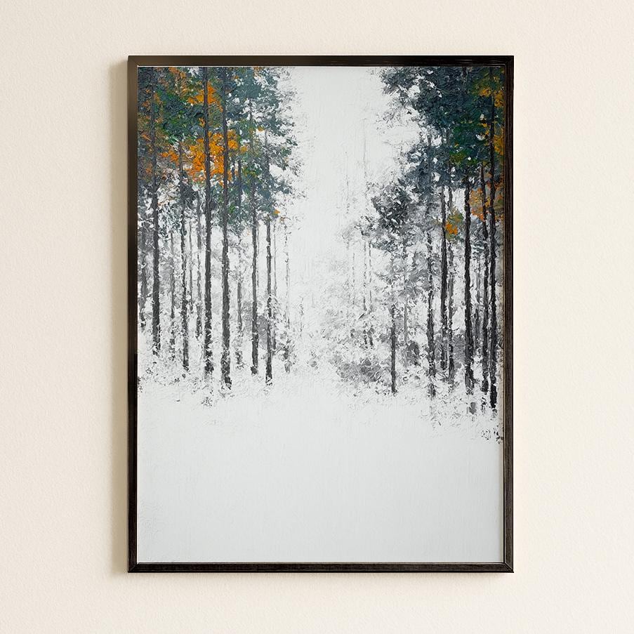 Nordic Winter Forest Path Print - Minimalist Negative Space Trees Woodland Landscape Wall Art Decor