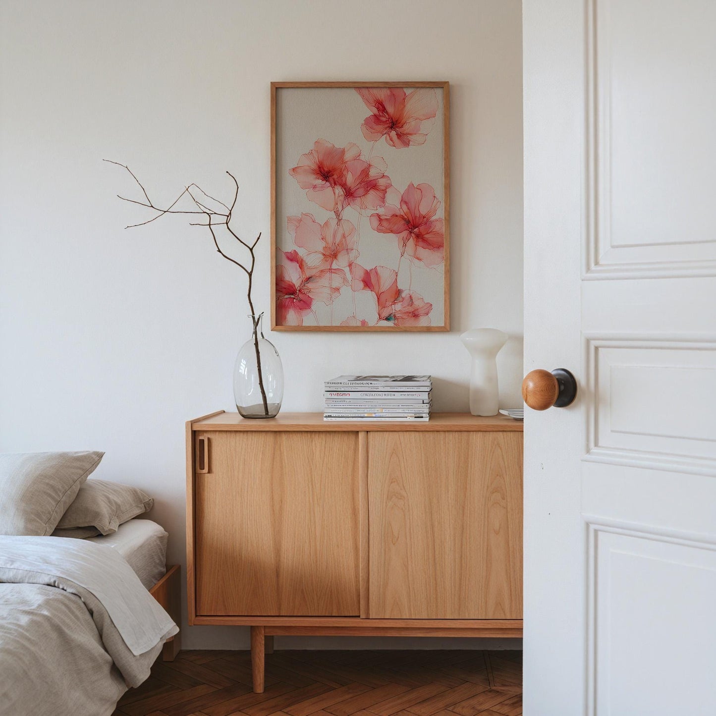 Elegant Pink Botanical Line Art: Minimalist Floral Illustration for Modern Home Decor