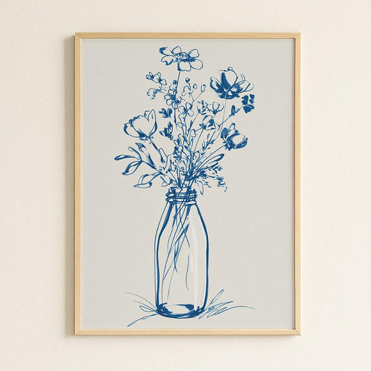 Elegant Blue Floral Line Art Print: Minimalist Botanical Wall Decor for Modern Home Aesthetics