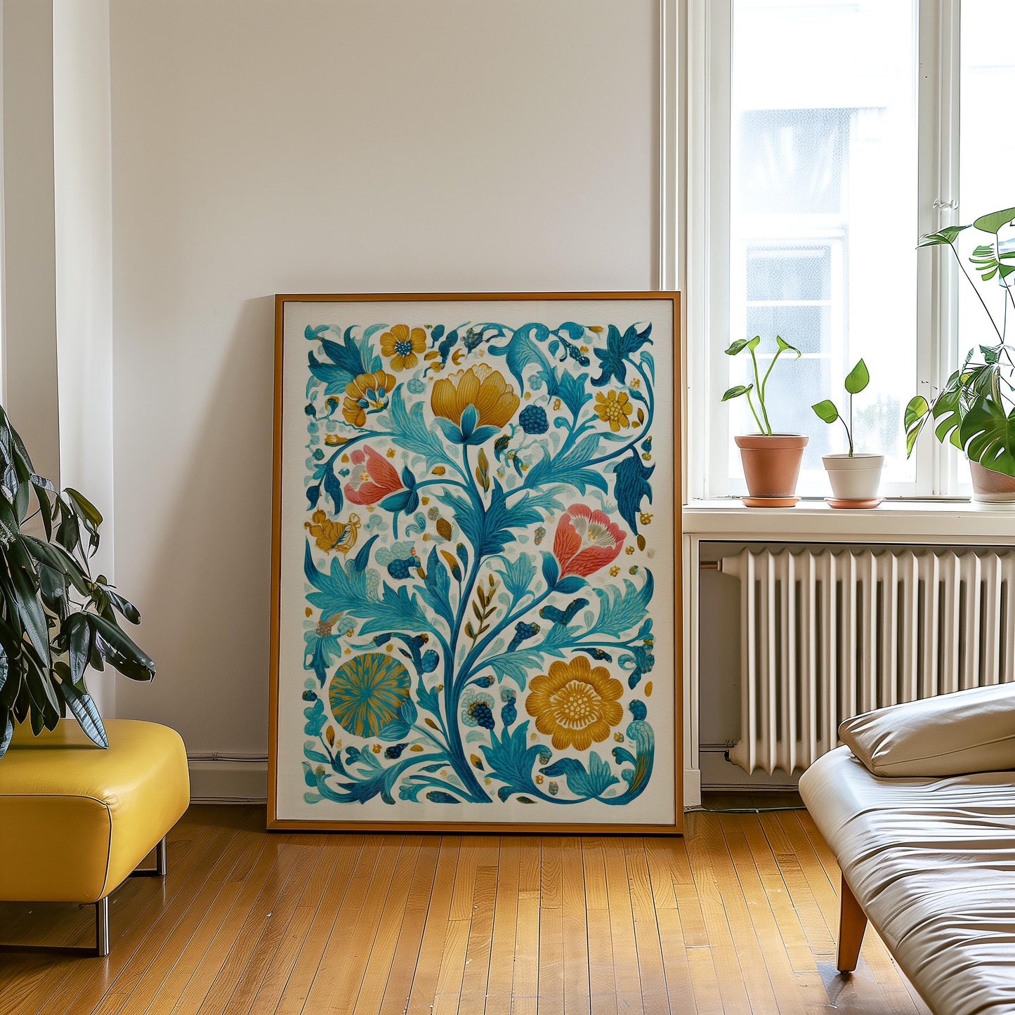 Elegant Botanical Floral Pattern Art Print - Turquoise Victorian Inspired Arts and Crafts Decor