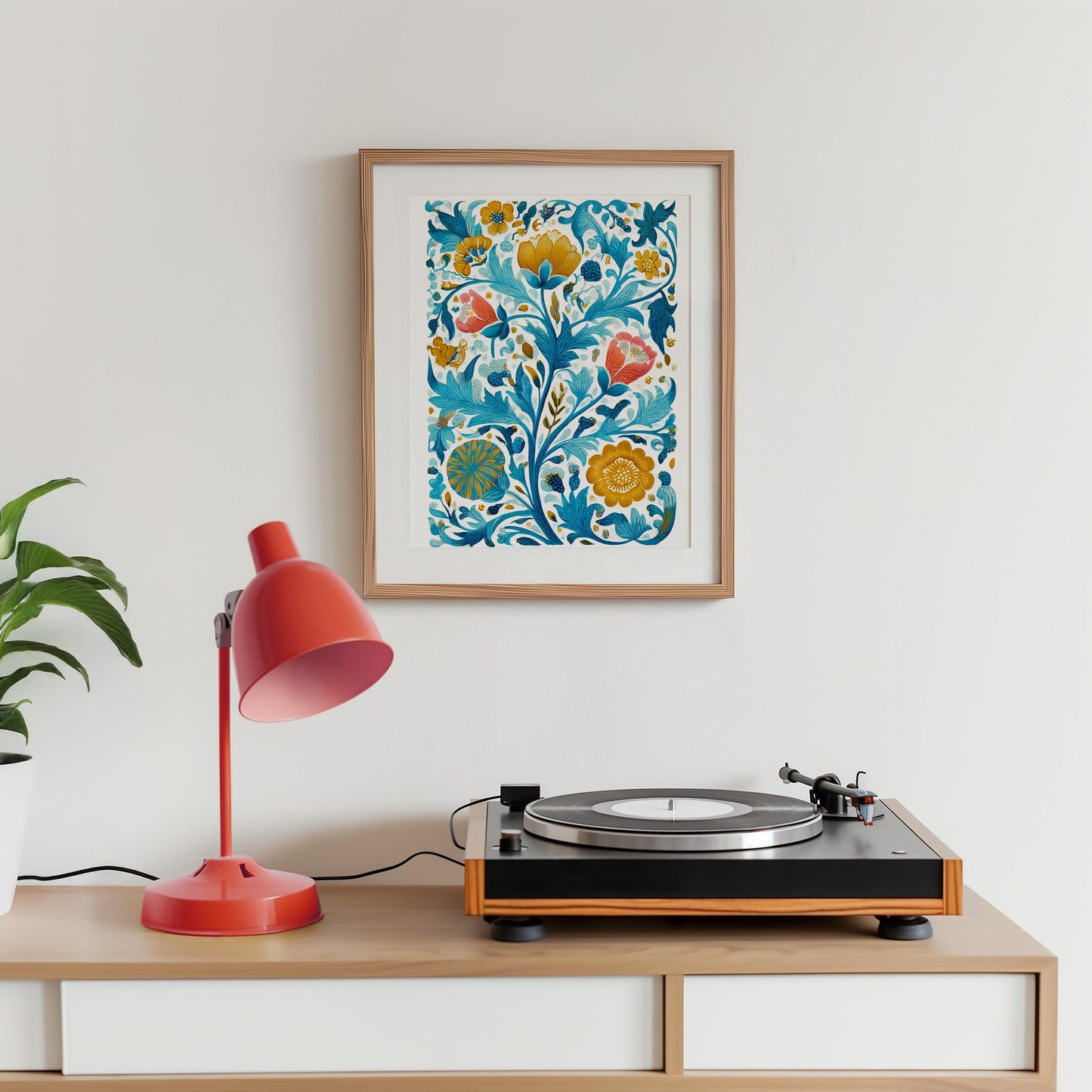 Elegant Botanical Floral Pattern Art Print - Turquoise Victorian Inspired Arts and Crafts Decor