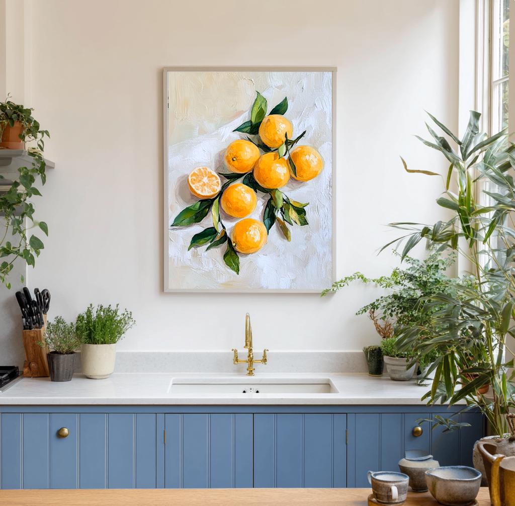 Mediterranean Citrus Branch Still Life: Orange Kitchen Wall Art Print for Modern Rustic Decor