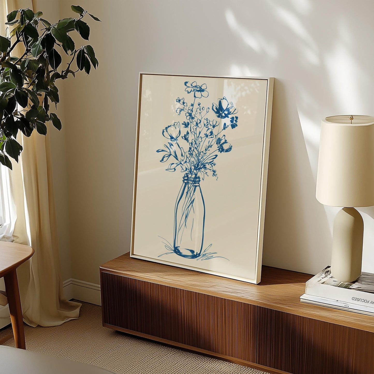 Elegant Blue Floral Line Art Print: Minimalist Botanical Wall Decor for Modern Home Aesthetics