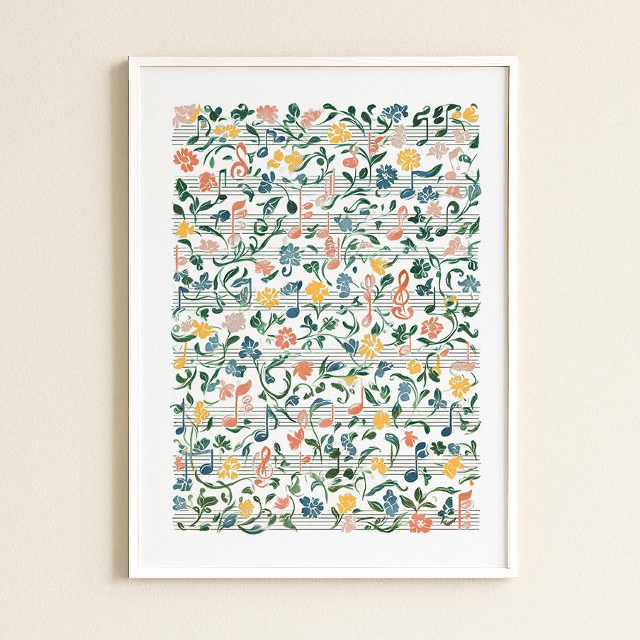 Floral Musical Notes Art Print: Botanical Music Notation Wall Decor for Studios and Musicians | William Morris Inspired