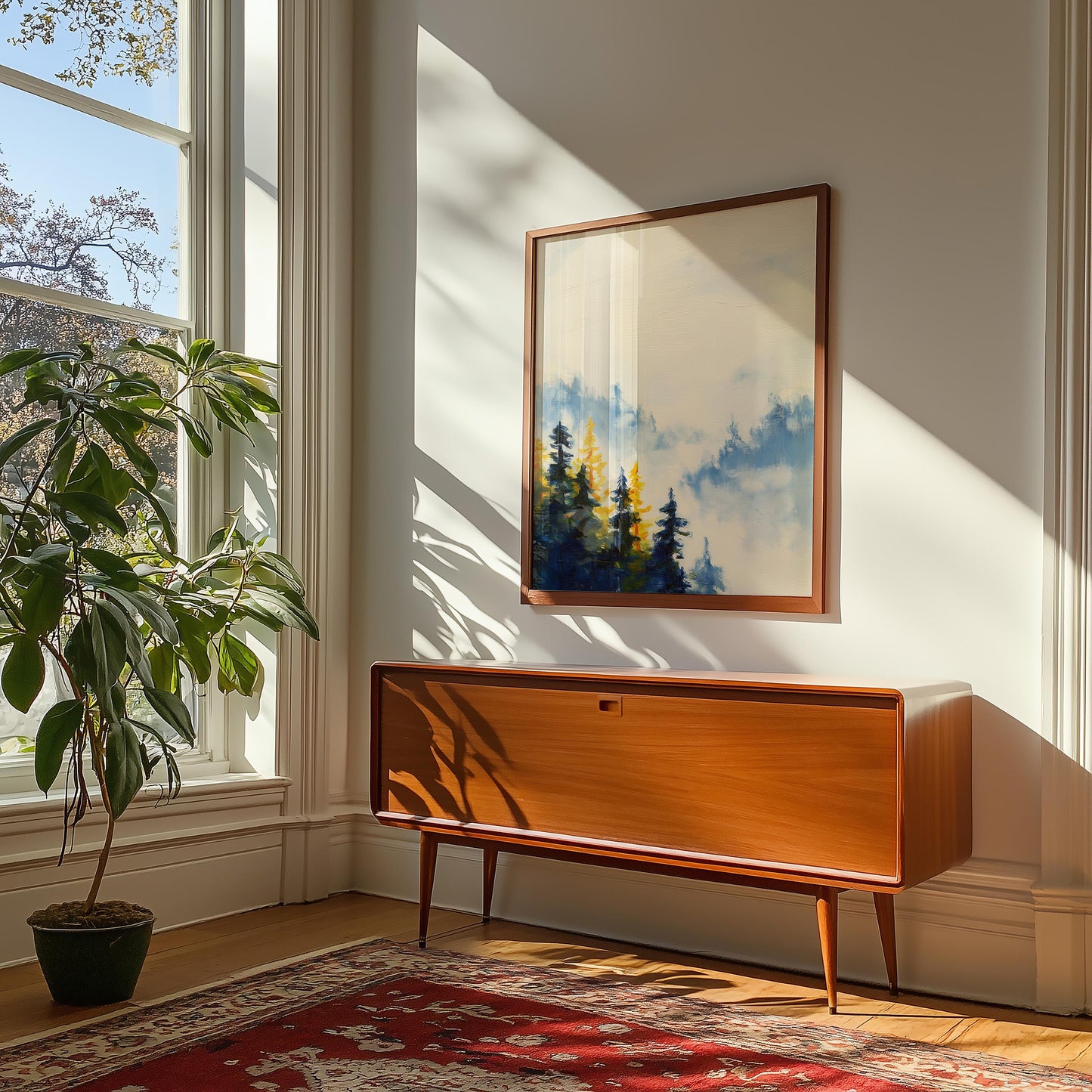 Ethereal Misty Forest Landscape Print: Minimalist Nature Wall Art for Serene Home Decor