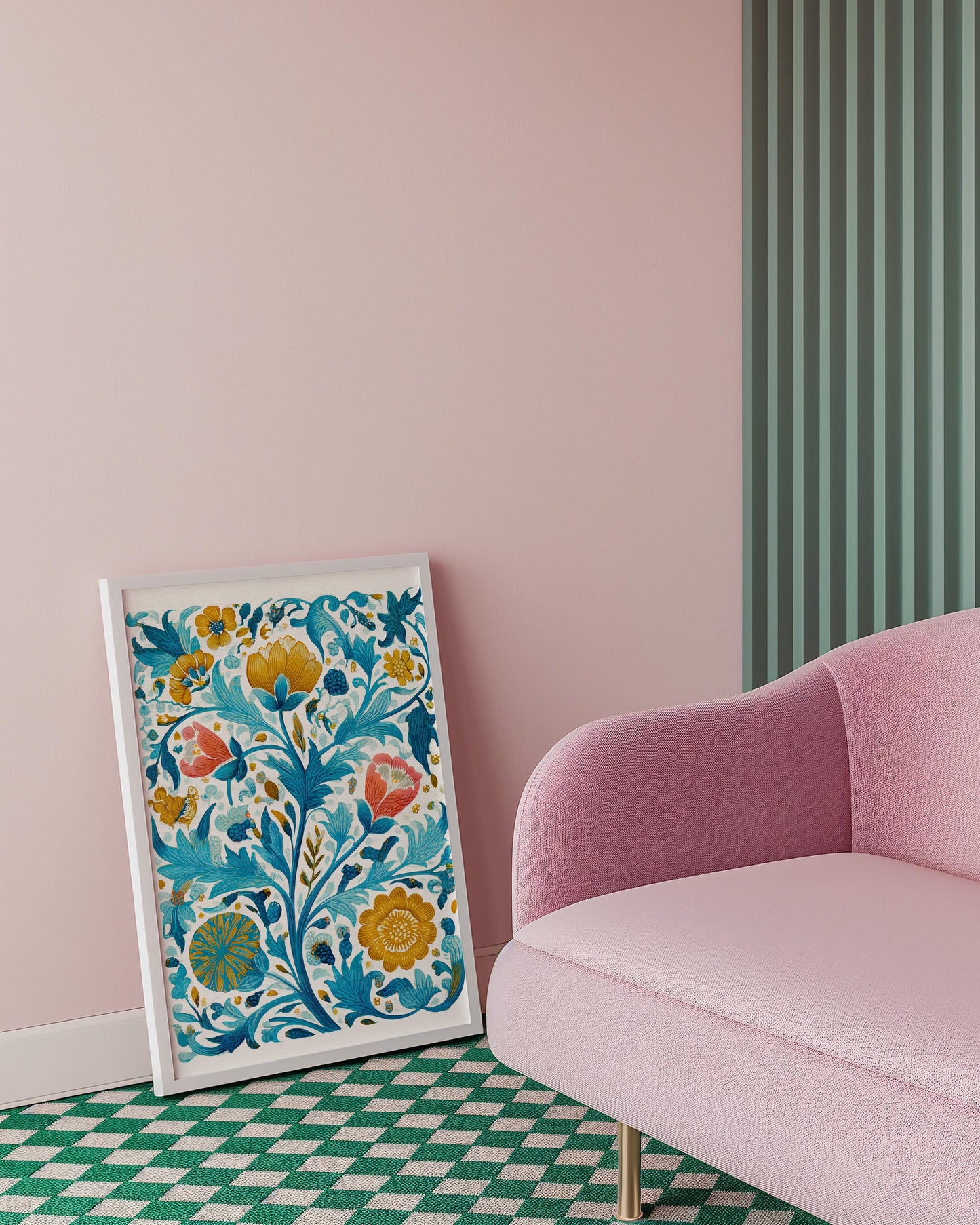 Elegant Botanical Floral Pattern Art Print - Turquoise Victorian Inspired Arts and Crafts Decor