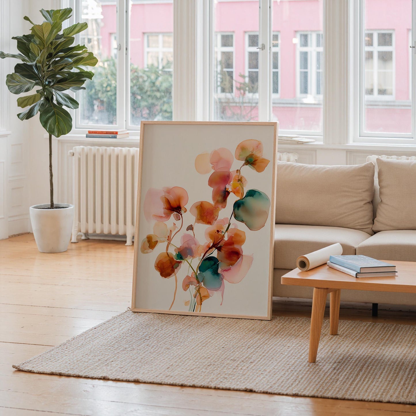 Elegant Japandi Inspired Botanical Watercolour Print: Minimalist Pink & Teal Flower Illustration