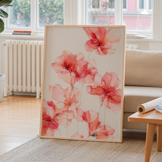 Elegant Pink Botanical Line Art: Minimalist Floral Illustration for Modern Home Decor
