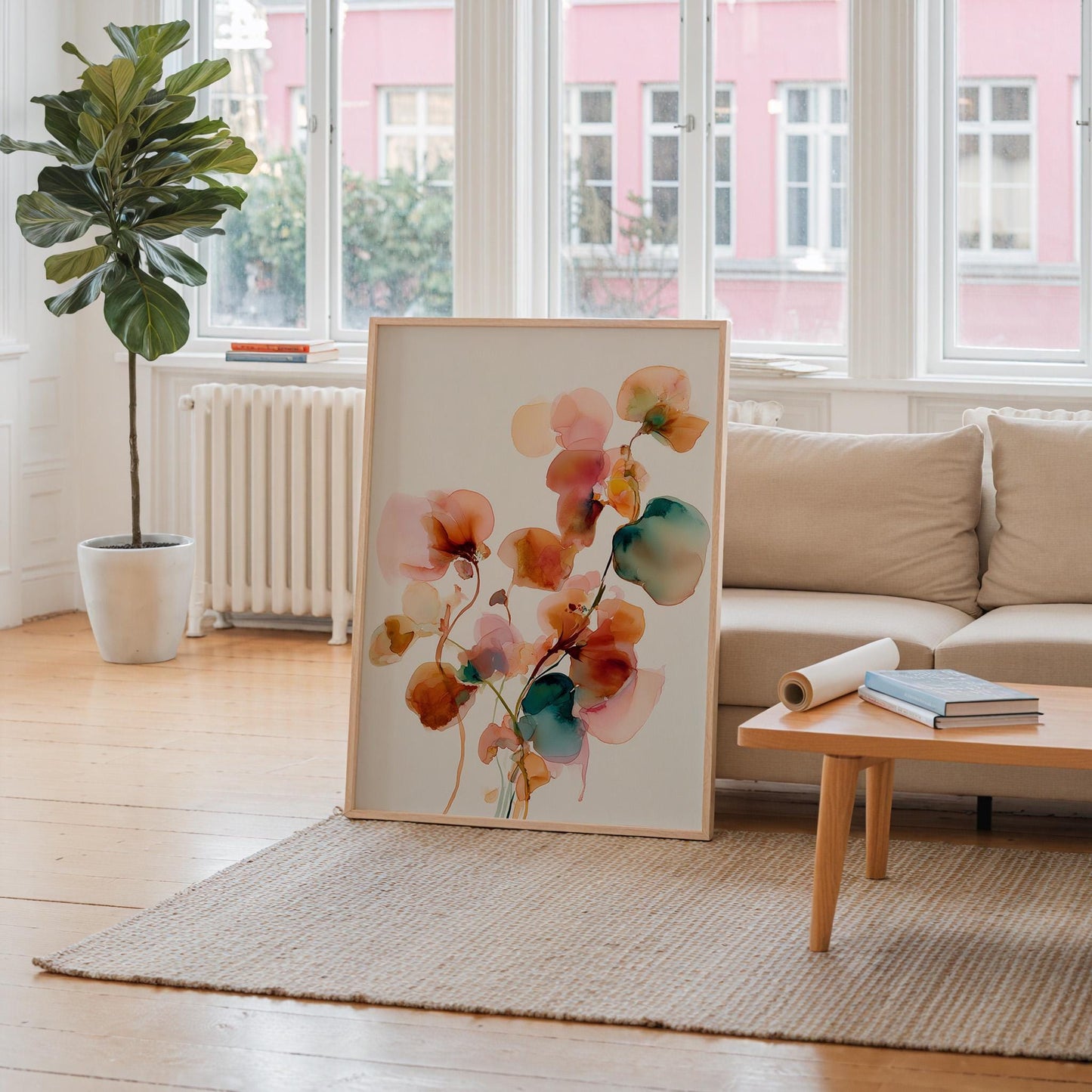 Elegant Japandi Inspired Botanical Watercolour Print: Minimalist Pink & Teal Flower Illustration