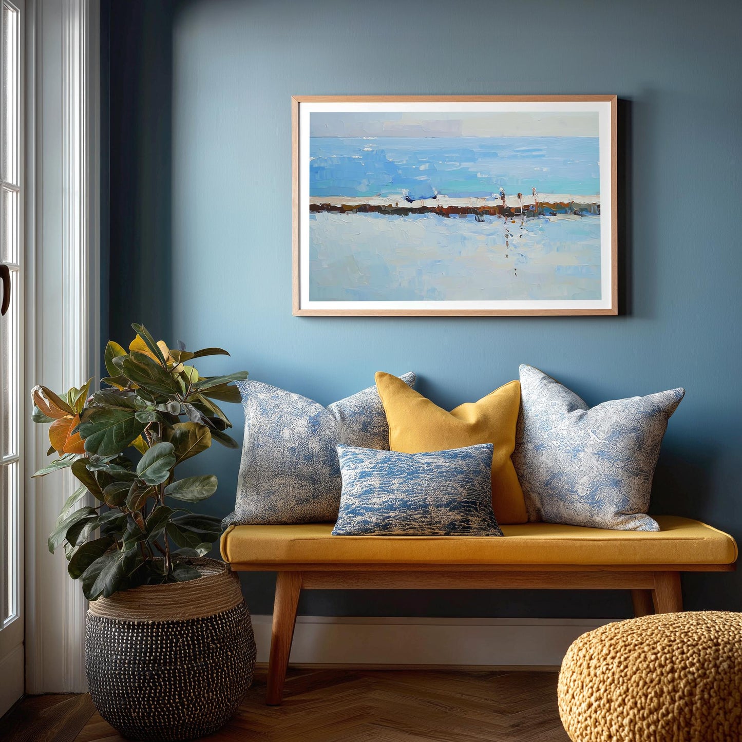 Coastal Walkway Art Print: Impressionist Blue Ocean Seaside Painting