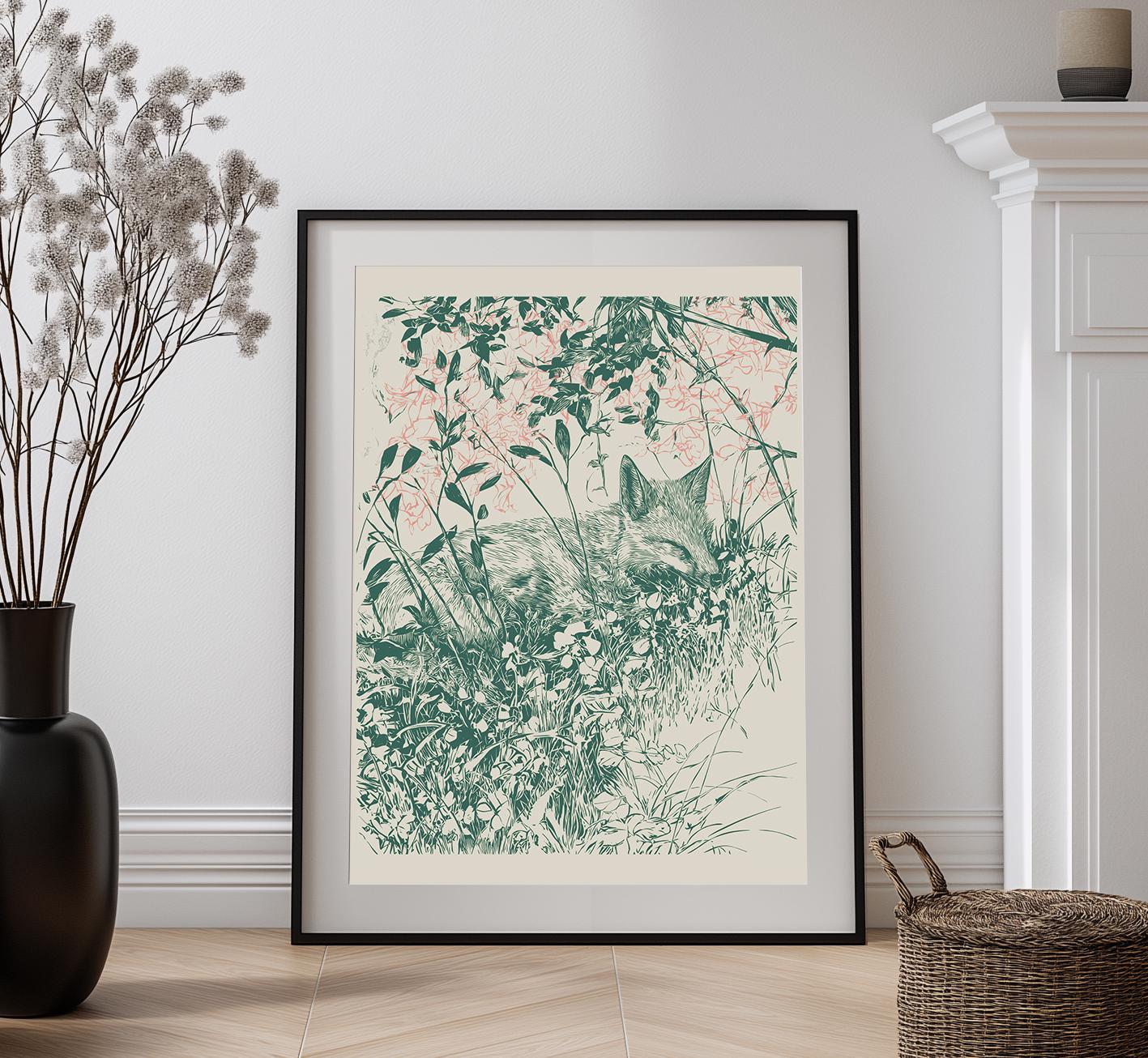 Fox Print – Woodland Animal Wall Art | William Morris Inspired Botanical Drawing