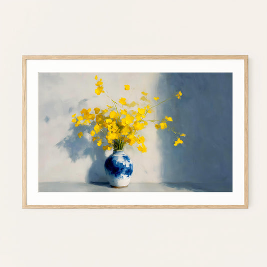 Yellow Floral Art Print: Impressionist Flowers in Blue Vase