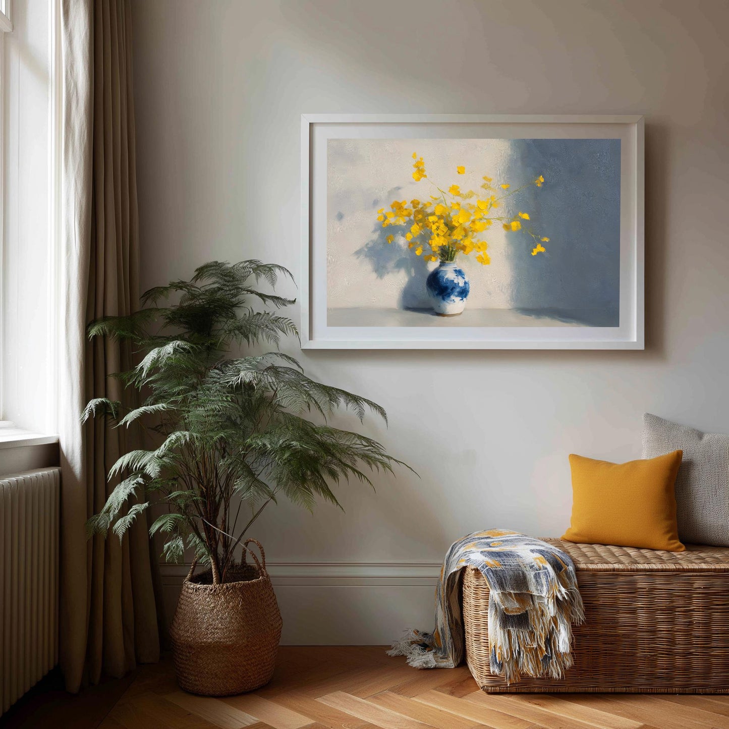 Yellow Floral Art Print: Impressionist Flowers in Blue Vase