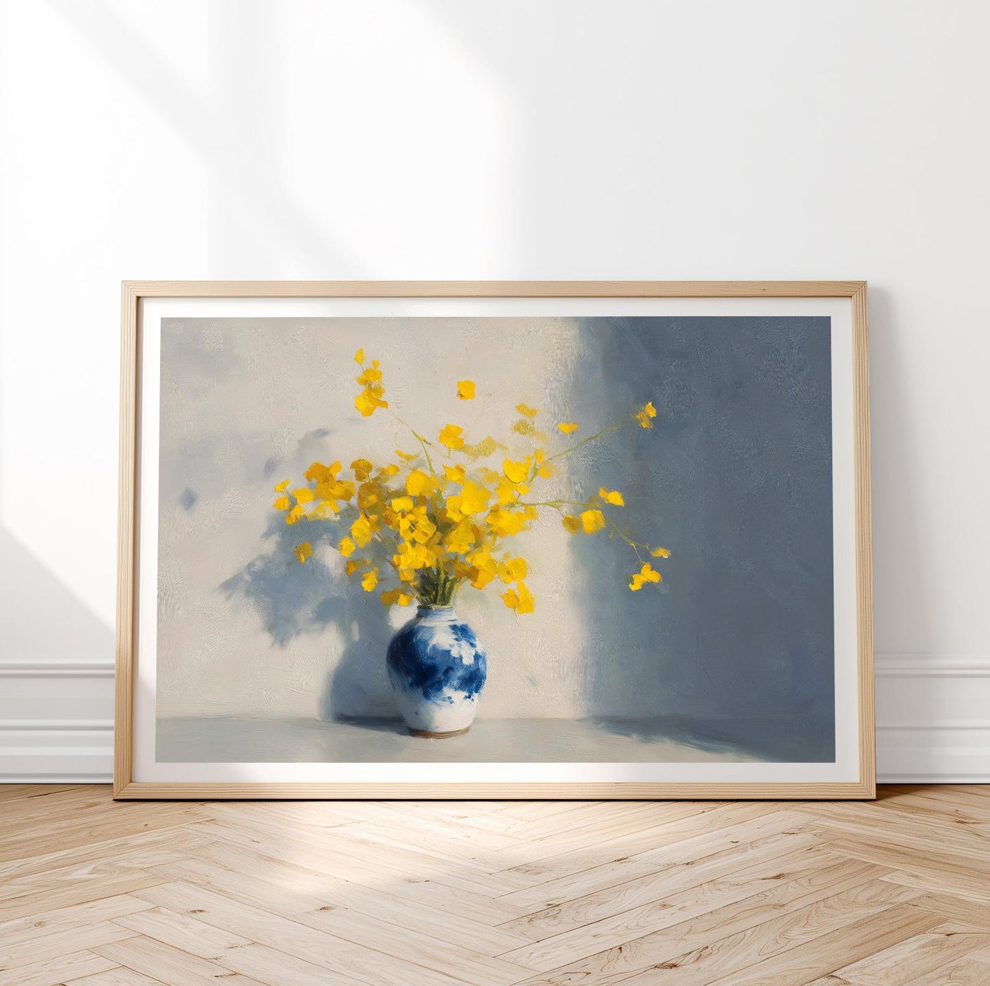 Yellow Floral Art Print: Impressionist Flowers in Blue Vase