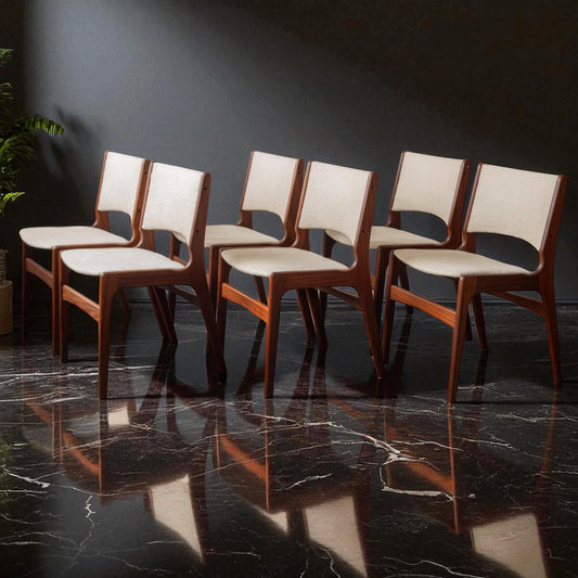 Set of 6 Danish Mid Century Modern Dining Chairs by Erik Buch | EXCELLENT CONDITION | Cream Upholstery | Scandinavian Design | MCM Furniture