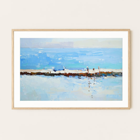 Coastal Walkway Art Print: Impressionist Blue Ocean Seaside Painting