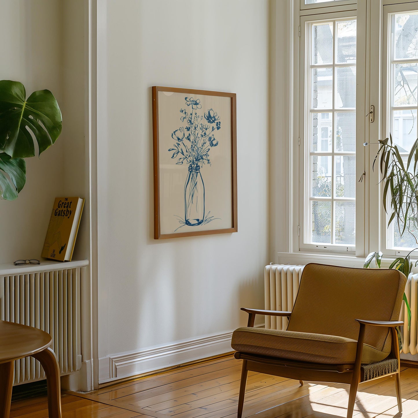 Blue Floral Line Art Print: Minimalist Botanical Wall Decor