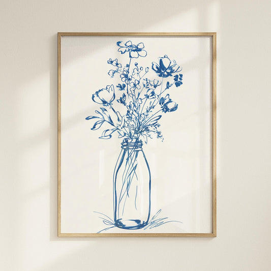 Blue Floral Line Art Print: Minimalist Botanical Wall Decor