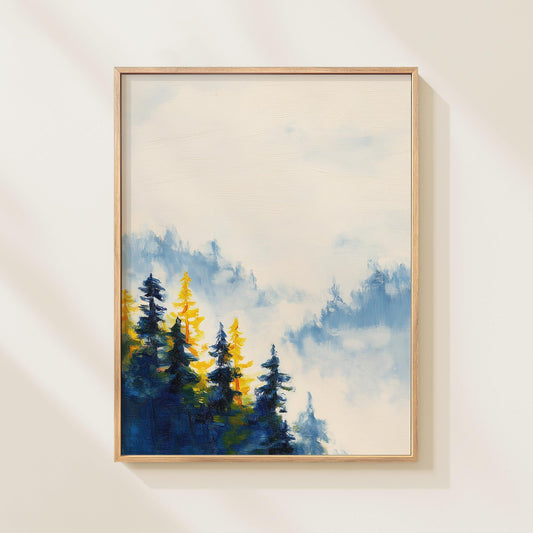 Misty Forest Landscape Print: Minimalist Nature Wall Art