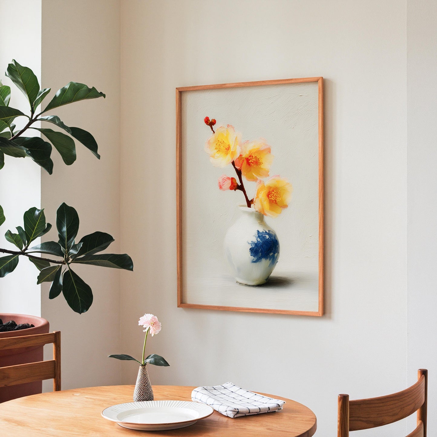 Yellow & Pink Floral Still Life Art Print: Antique Vase, Botanical Wall Decor