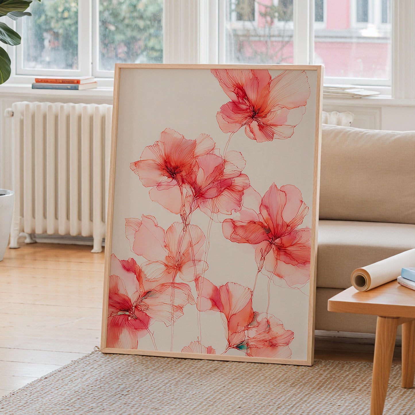 Pink Botanical Line Art Print: Minimalist Flower Illustration