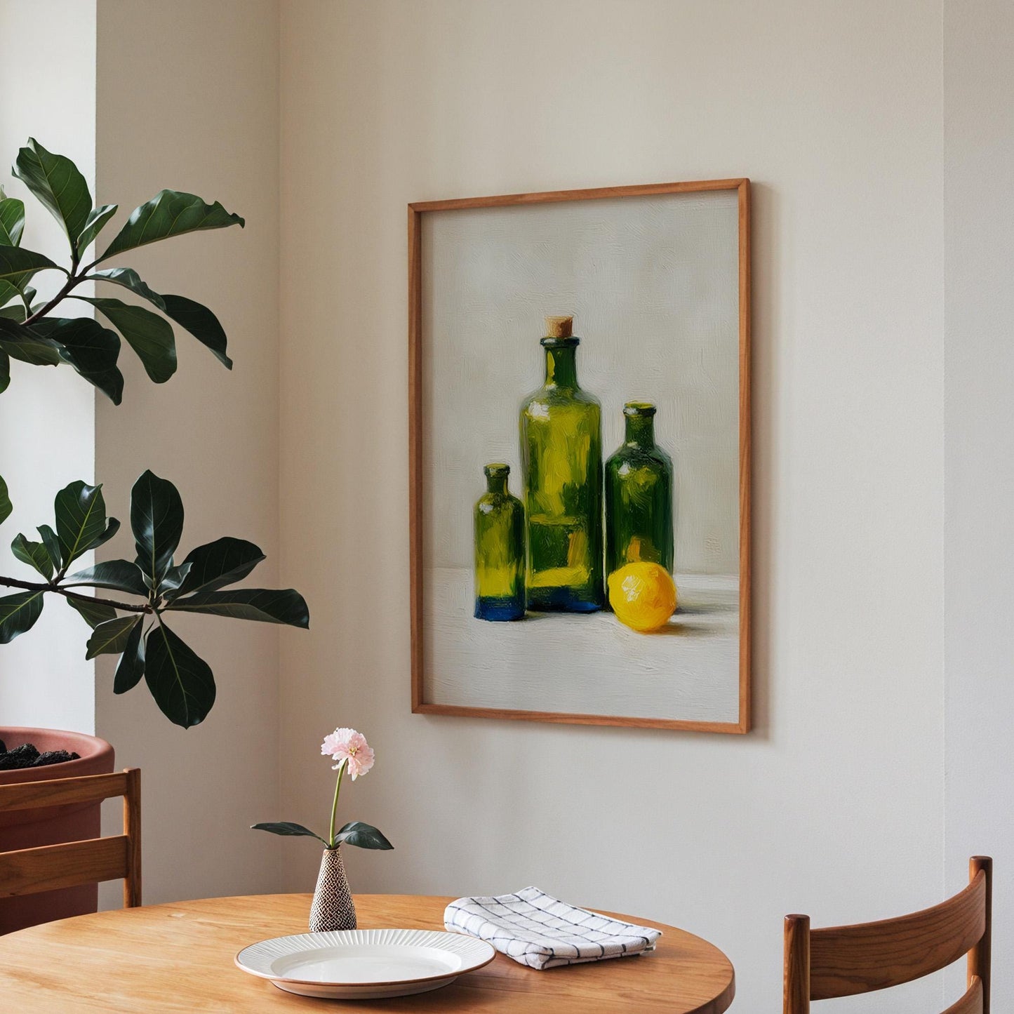Green Glass Bottle Still Life Art Print: Kitchen Wall Decor
