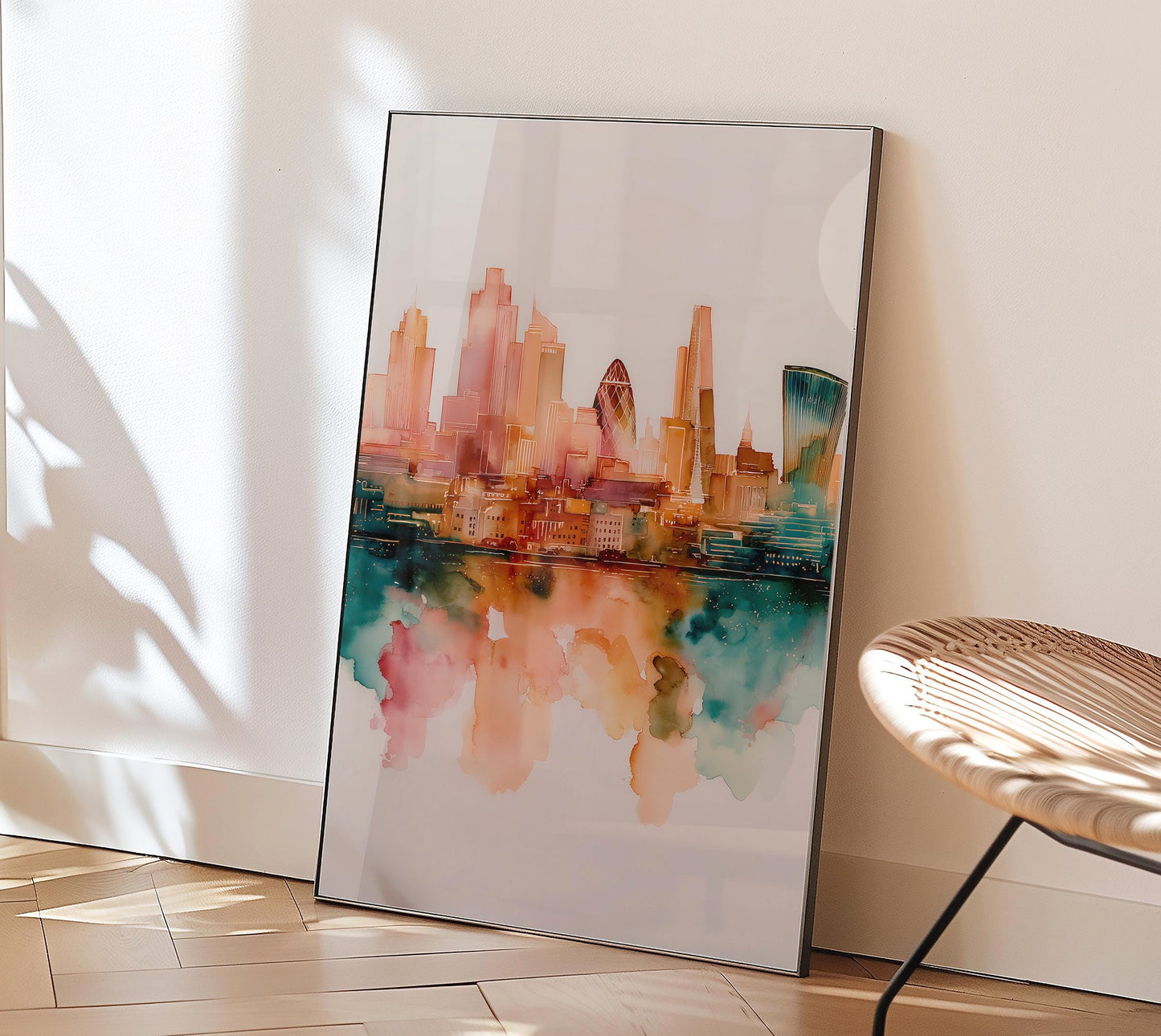 London City Skyline Watercolor Art Print: Modern British Architecture