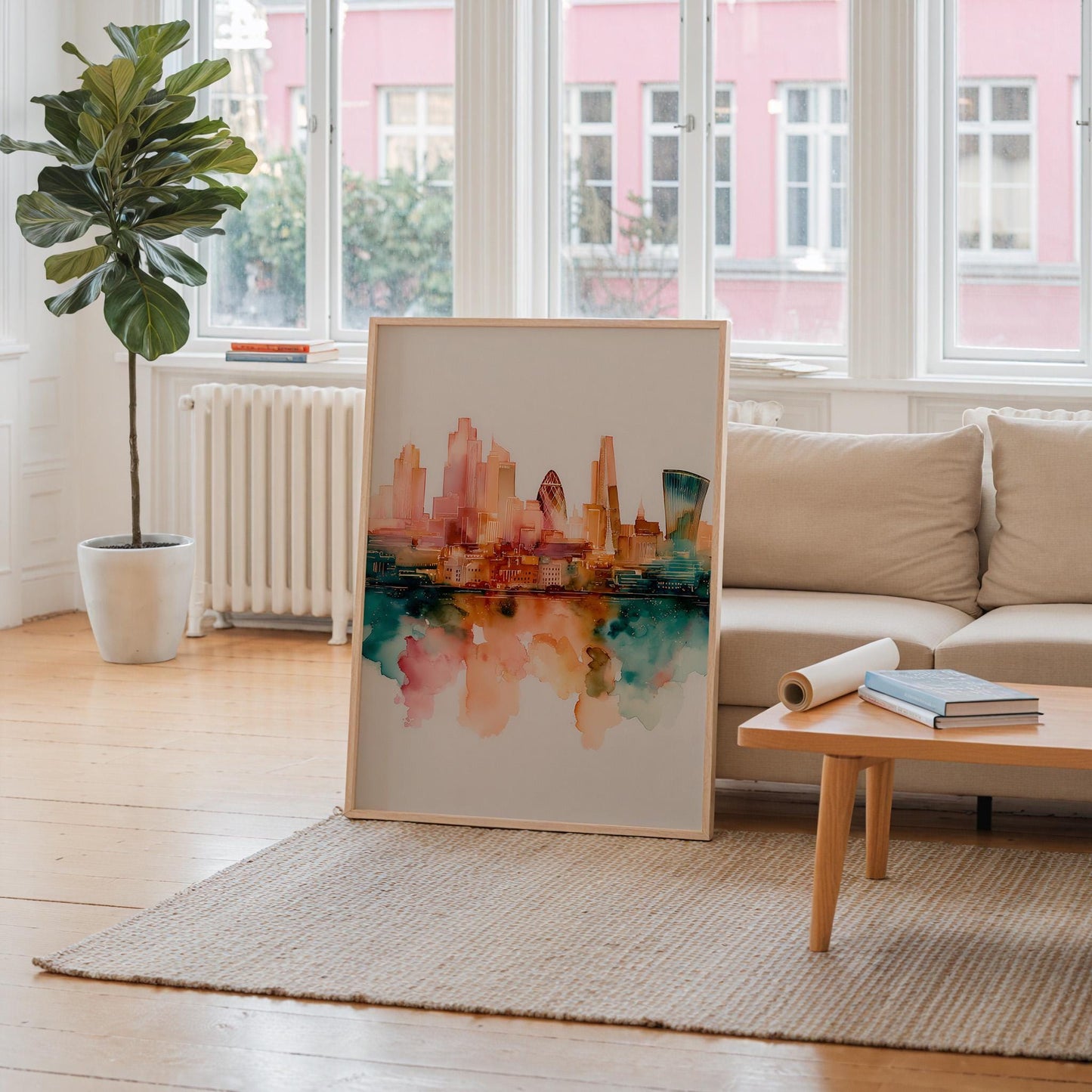 London City Skyline Watercolor Art Print: Modern British Architecture