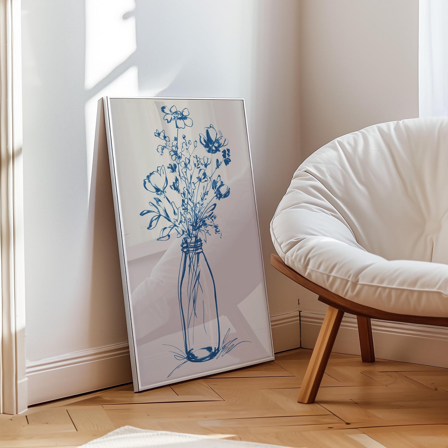 Elegant Blue Floral Line Art Print: Minimalist Botanical Wall