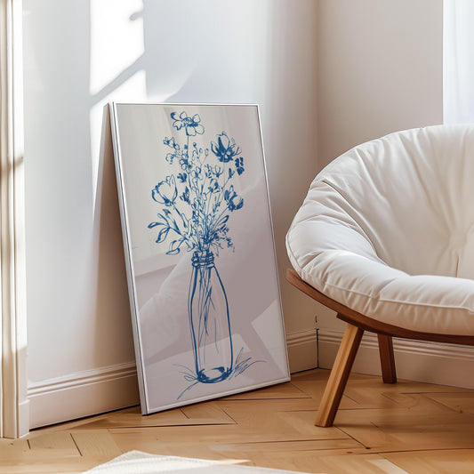 Elegant Blue Floral Line Art Print: Minimalist Botanical Wall