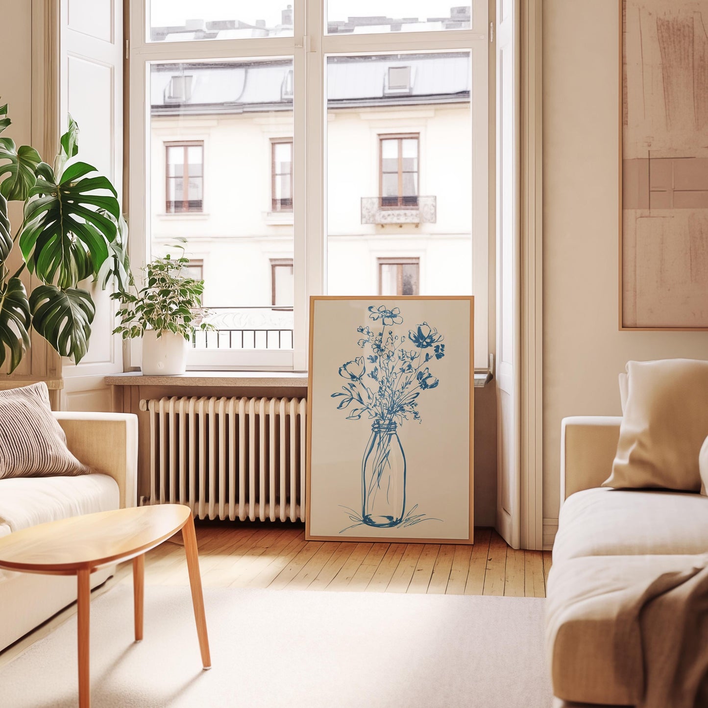 Elegant Blue Floral Line Art Print: Minimalist Botanical Wall