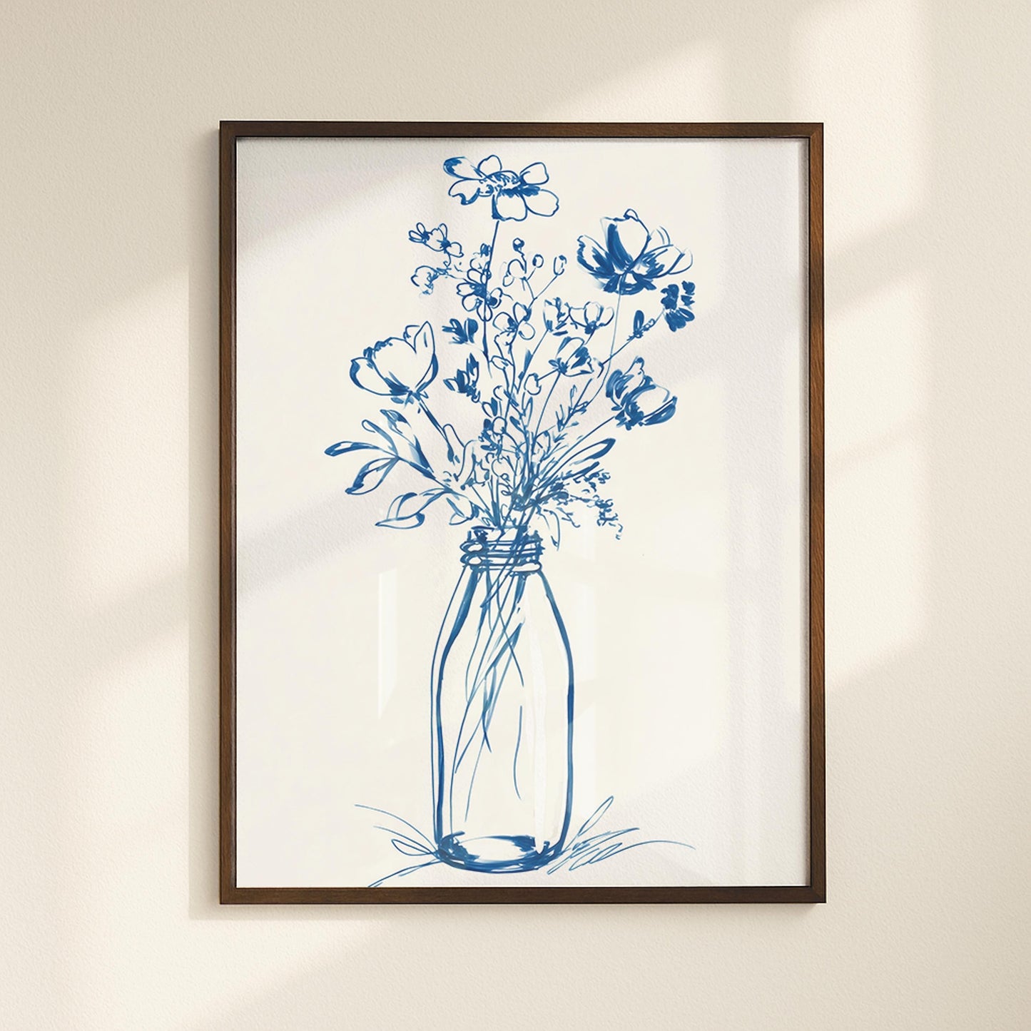Blue Floral Line Art Print: Minimalist Botanical Wall Decor