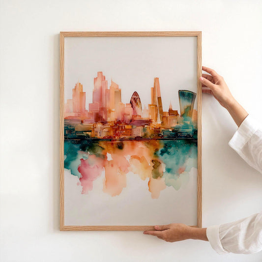 London City Skyline Watercolor Art Print: Modern British Architecture