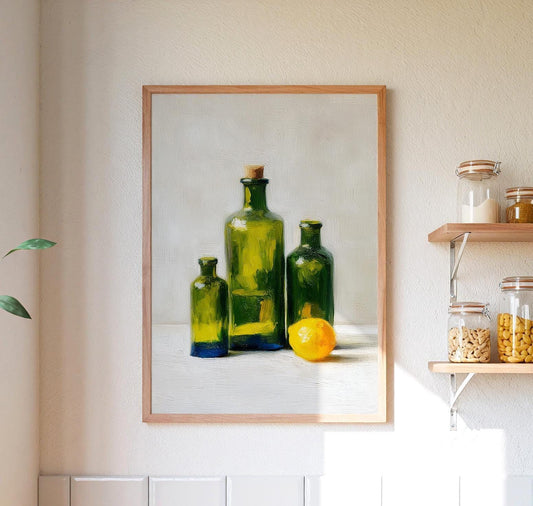 Green Glass Bottle Still Life Art Print: Kitchen Wall Decor