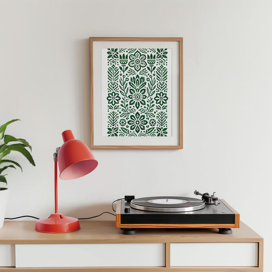 Green Botanical Folk Art Print: Symmetrical Pattern Wall Decor